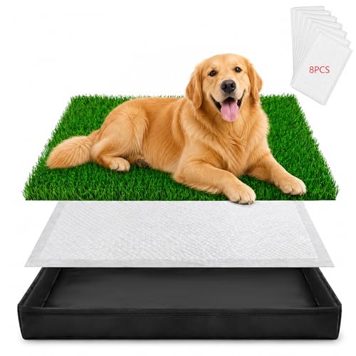 Dog Grass Pad with Tray - 32"x22" Dog Potty Grass with 8pc Pee Pads, Reusable Artificial Grass for Dogs Potty, Portable Indoor Outdoor Dogs Litter Box for Patio Balcony Porch