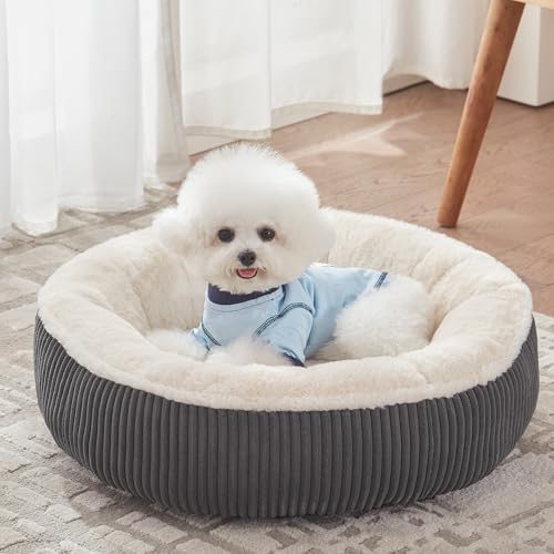 23 inches Donut Dog Bed for Small Dogs - Calming Round Puppy Bed with Removable &Washable Cover, Plush Faux Fur & Corduroy Pet Bed for Cats, Fits Pets up to 15 lbs(Dark Grey,Small) - color: Dark Grey, size: 23.0"L x 23.0"W x 7.0"Th
