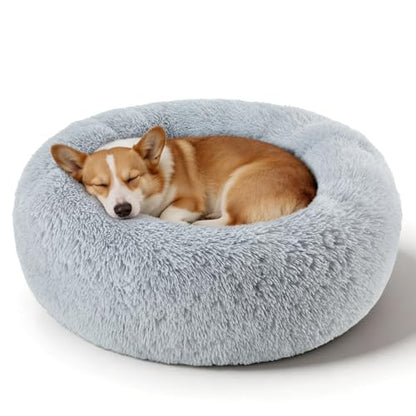 Dog Calming Beds for Small Medium Dogs - Round Donut Washable Dog Bed, Anti-Slip Faux Fur Fluffy Donut Cuddler Anxiety Cat Bed(Light Grey 32") - color: Light Gray, size: 32"L x 32"W x 8"Th