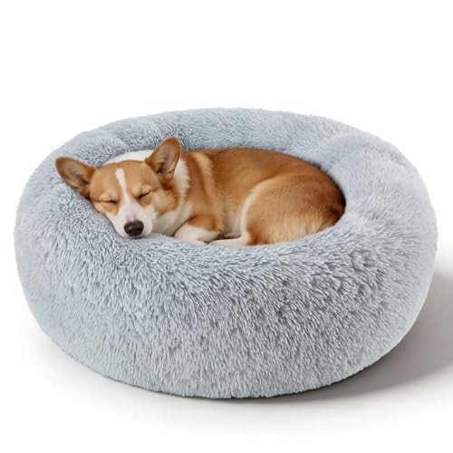 Dog Calming Beds for Small Medium Dogs - Round Donut Washable Dog Bed, Anti-Slip Faux Fur Fluffy Donut Cuddler Anxiety Cat Bed(Light Grey 32") - color: Light Gray, size: 32"L x 32"W x 8"Th