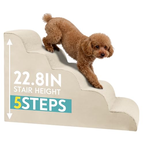 Dog Stairs for Small Dogs, Pet Stairs Steps Ramp for Puppy, Older Cat, Stairs with Whole High Density Foam, Corduroy Fabric, Non-Slip Bottom Dog Steps for Bed and Couch (Beige, 5-Step (H: 22.8IN)) - color: Beige, size: 5-Step (H: 22.8IN)