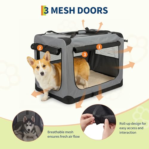 24 Inch Soft Dog Crate Collapsible 3-Door Travel Kennel for Large Dogs Indoor Outdoor Car Use, with Portable Fleece Bed, Side Pocket & Safety Zippers - size: M 24x16.5x16.5''