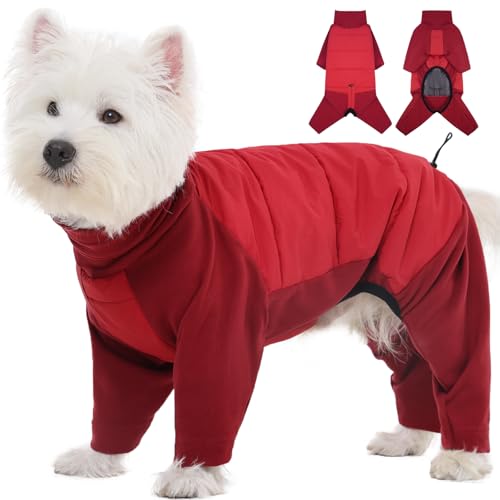 ROZKITCH Fleece Dog Coat for Small Medium Dog, Pullover Pajamas Jumpsuit Bodysuit Coats with 4-Legs, Pet Windproof Warm Cold Weather Jacket Full Body Vest Cozy Snowsuit Outfit Clothes Red M - color: Red, size: M(Chest: 21-25"; Back:18-19")