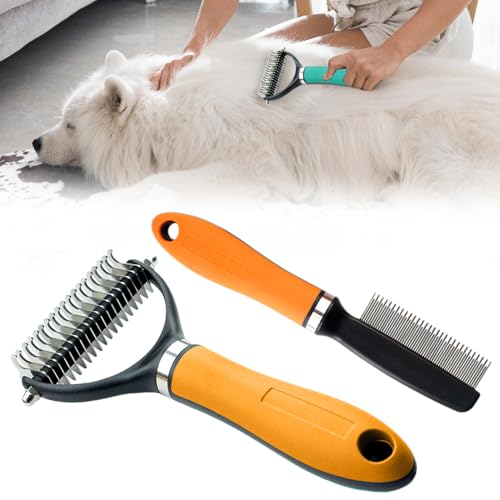 Double Sided Dematting Comb, 2026Undercoat Rake Deshedding Grooming Tool, Pet Hair Detangler Brush for Removing Tangles Knots and Loose Fur, Grooming Comb for Long Thick Coats (1, Orange Set) - color: Orange Set