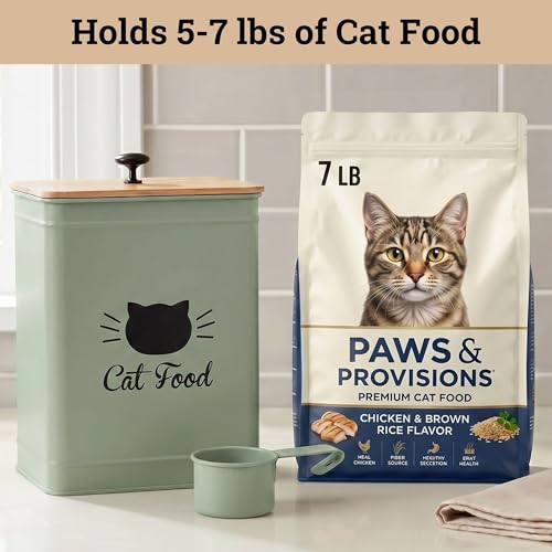 Cat Food Storage Container with Scoop - 5-7lb (25 Cup) Capacity Metal Cat Kibble Canister with Airtight Bamboo Lid and Metal Scoop - Airtight Pet Food Storage Containers 5 lb - 7 lb Kibble Container - color: Sage Green