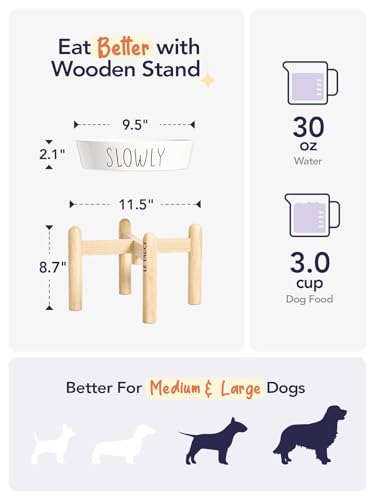 LE TAUCI PET Ceramic Slow Feeder Dog Bowls Elevated, 3 Cups Raised Dog Bowl with Wooden Stand for Medium Large Breed to Slow Down Eating, Puzzle Food Bowl,White - color: White+Stand, size: L-3 Cups