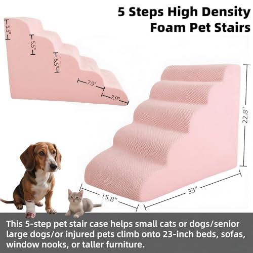 5 Step Pet Stairs Ramp for High Beds Sofas 23-30 Inch with Sturdy Non Slip Waterproof Pads, Machine Washable Cover Indoor Balanced Design for Cats Dogs Small Medium Large XL Pets Pink, Large - color: Pink