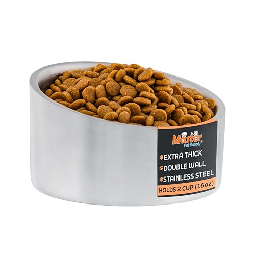 Master Pet Supply Stainless Steel Slanted Dog Cat Food Bowl - 16 oz Heavy Duty - Stainless Steel, Double Wall Insulated, Non-Slip Elevated Bowl for French Bulldogs Pugs Cats, Anti Rust Dishwasher Safe - color: Stainless Steel, size: 2 Cups (16 oz)
