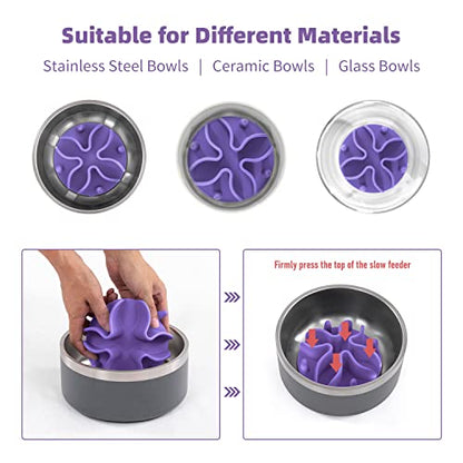 Jaoul Slow Feeder Dog Bowls Insert, Puzzle Slow Feeder with 51 Octopus Suction Cups for Medium Large Size Dog Bowls Over 6.5" Wide (Purple) - color: Purple, size: Large(5.5 inch)