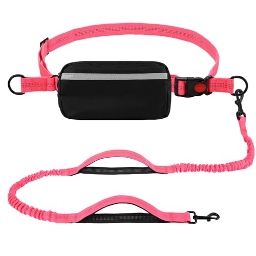 Hands Free Dog Leash with Zipper Pouch, Dual Padded Handles, Shock Absorbing Bungee Leash for Small Medium Large Dogs, Ideal for Walking Jogging Running Hiking (Pink) - color: Pink