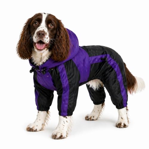 Lovelonglong Dog Hooded Raincoat, Large Dog Rain Jacket Poncho Waterproof Clothes with Hood Breathable 4 Feet Four Legs Rain Coats for Small Medium Large Pet Dogs Purple L-S - color: Purple, size: L-S (Medium Dog ~30lbs)