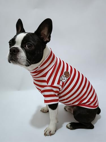 Turtleneck Dog Shirt Cute Doggie Embroidery Super Soft Dog Sweatshirt Stretchy Striped Puppy Pullover for Cats Small Medium Large Dogs (Red Striped, Medium) - color: Red Striped, size: Medium