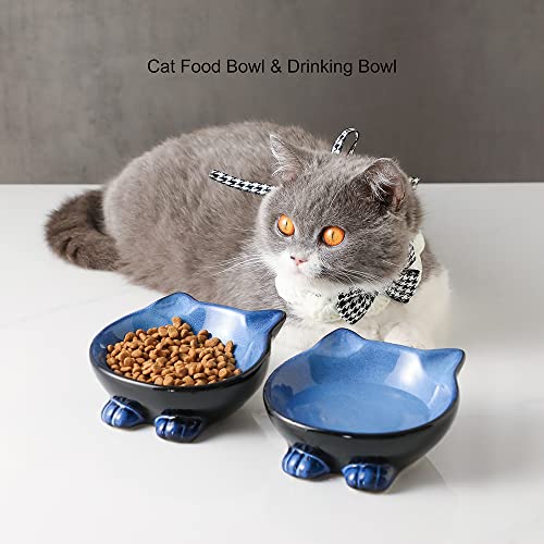 Nihow Ceramic Basic Cat Bowl: 5 Inch Cat Dish for Food & Water - Food Grade, Microwave & Dishwasher Safe - Elegant Blue & Black (4.25 OZ /1 PC) - color: Blue & Black, size: 4.25 OZ