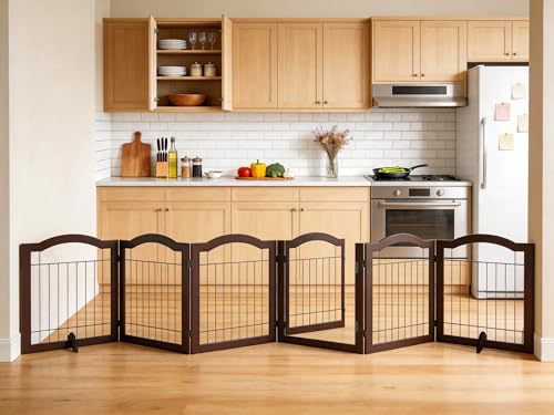 Vantas 144 x 30 inches Foldable Wooden Pet Gate with Door, Espresso | Walk-Through Easy, Freestanding, Extra Wide, Easy Storage, Easy to Move - color: Espresso, size: 【6-Panel with Door】144"W x 30"H