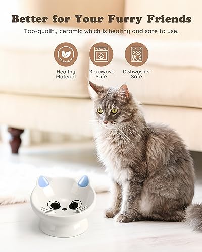 Raised Cat Food Bowl Ceramic 15° Tilted Cat Food Bowls Protect Cat's Spine Anti Vomiting Backflow Prevention Bowls for Adult Cats, Kitten, and Small Dogs, Blue - color: Blue Ears