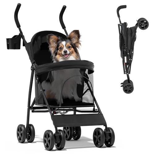 Magshion Compact Pet Stroller for Small-Medium Dogs/Cats up to 22lbs, 4-Wheel Lightweight Umbrella Shaped Portable Puppy Travel Jogger with Breathable Mesh, Cup Holder & Rear Storage, Black - color: Black, style: Up to 22 lbs