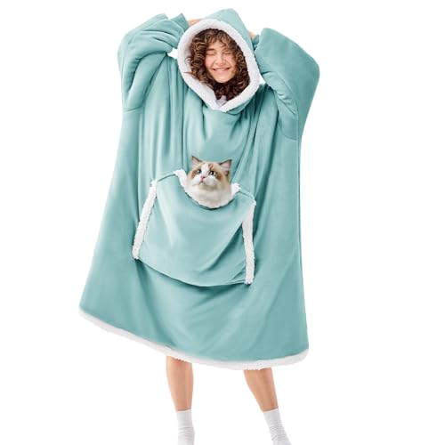 JOYWOO Oversized Wearable Blanket Hoodie,Cat lovers Long Hoodie Blanket for Adult,Birthday Gifts for Women Mom Friend,Cozy Sherpa Sweatshirt Hooded Blanket Giant Pocket Winter Gifts,Blue Gray Oversize - color: Blue Grey, size: Oversize