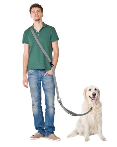 Hands Free Dog Leash & Car Seatbelt, 5.3-7.9ft Crossbody Dog Belt with Dual Soft Handles, Shock-Absorbing, 360° Clip, Reflective Design for Walking, Running, Hiking, Travel. (Gery) - color: Grey, size: Medium-5.3-7.9ft