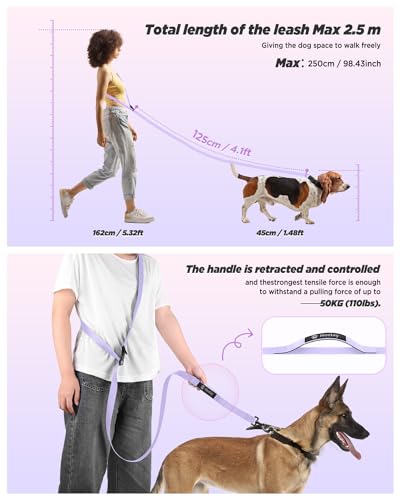 Hands Free Dog Leash, 8.2ft Multifunctional Crossbody Rope with Explosion-Proof Handle and Adjustable Training Hands Free Leash for Dogs Walking(Purple) - color: Purple