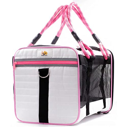 Buddy's Best Airline Approved Pet Carrier – White & Pink Heavy Duty, Fits Under Seat, TSA Compliant, Ventilated Mesh Design w/Waterproof Base & Reflective Safety Strips - color: White & Pink