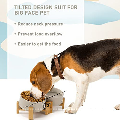 SPUNKYJUNKY 15° Slanted Ceramic Dog and Cat Bowl with Wooden Stand, Tilted Bulldog Food and Water Bowl No Slip Non-Spill for Cats Medium Dogs Big Face Pets 28.7 OZ (3.6 Cups, Grey × 2) - color: Grey, size: 3.6 CUPS × 2