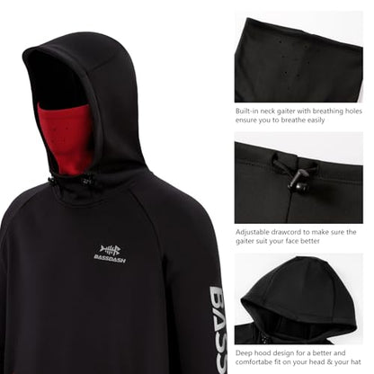 BASSDASH Men’s Fishing Fleece Hoodie with Neck Gaiter Water Resistant Performance Hunting Sweatshirt FS18M - color: Black/Red, size: 3X-Large