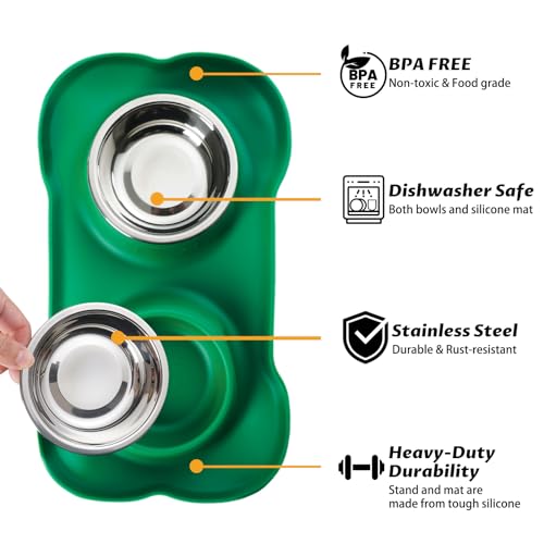 Hubulk Pet Dog Bowls 2 Stainless Steel Dog Bowl with No Spill Non-Skid Silicone Mat + Pet Food Scoop Water and Food Feeder Bowls for Feeding Small Medium Large Dogs Cats Puppies (Medium, Hunter Green) - color: Hunter Green, size: Medium