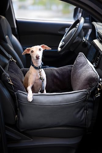NOAH & PAW Small Dog Car Seat for Small Medium Pets with Harness Clip, 4X Safety Feature, Washable Dog Seat for Car, Orthopedic Foam Wrapped with Plush, Vegan Leather - color: Charcoal