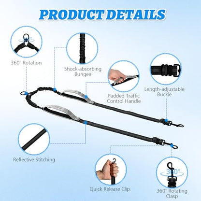 Double Dog Leash-360° Swivel, No Tangle Dog Leash Coupler, No Pull Adjustable Dual Lead with Shock-Absorbing Bungee, Padded Handles, Reflective Walking & Training Lead Splitter for 2 Dogs - color: Black Gray