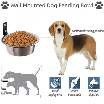Wall Mounted Dog Bowl 8" Dia Adjustable Height Stainless Steel Elevated Pet Feeding Water Bowl for Medium & Large Dogs Cat Chicken Pig with Collapsible Stand Holder, 21 × 7.6cm