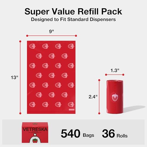 VETRESKA Strawberry Scented Dog Poop Bags, Leak Proof, Extra Thick and Large Pet Waste Bags for Dogs Walking and Cat Litter, 36 Refill Rolls, 540 Bags, Red - size: 1 Count (Pack of 540), style: Strawberry