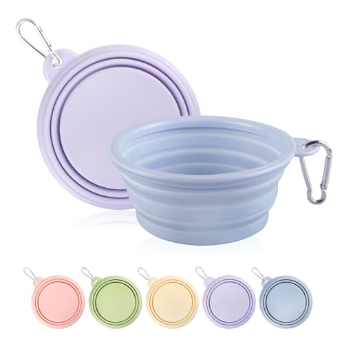 Collapsible Dog Bowls 2-Pack, Portable Travel Dog Bowl with Carabiner, Food-Grade Silicone Pet Bowl for Hiking, Walking (Macaron Blue and Violet) - color: 12 OZ Macaron Blue and Violet