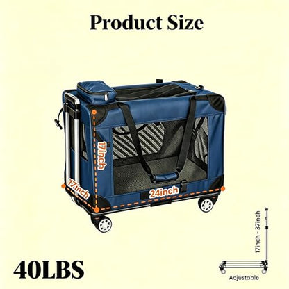 2-in-1 Travel Dog Crate, Dog Carrier with Detachable Rolling Base for Small & Medium Dogs & Cats, Multi-Door Design Soft Dog Crate, Up to 40 lbs, Blue