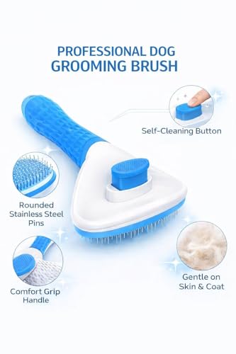 Self Cleaning Slicker Brush for Dogs & Cats – Deshedding Grooming Tool with One Click Hair Removal – Gentle for Sensitive Skin - color: Blue