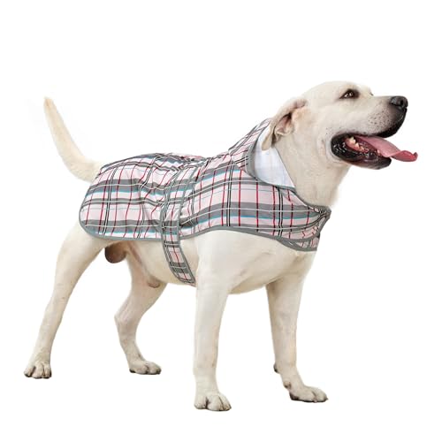 Dog Raincoat, Waterproof Dog Rain Jacket with Hood, Adjustable Rain Coat Poncho with Reflective Strips & Leash Hole for Large Medium Small Dogs Puppies, Lightweight Pet Clothes - color: Khaki Plaid, size: X-Large