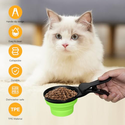 Collapsible Dog Food Scoop Foldable Pet Food Bag Clip 3 in 1 Multi-function Silicone Cat Food Measuring Cup Scoop Dog Food Scooper Pet Food Storage Clip (Green, 1 Cup Capacity(1 Pack)) - color: Green, size: 1 Cup Capacity(1 Pack)