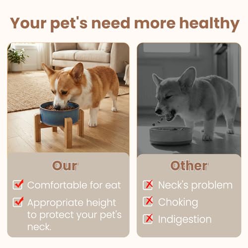 hjn Elevated Ceramic Dog Bowl with Bamboo Stand, Raised Pet Feeding Station for Small Medium Dogs Cats, Modern Design with Anti-Slip Base (Deep Blue, 3.6Cup) - color: Deep Blue, size: 3.6Cup
