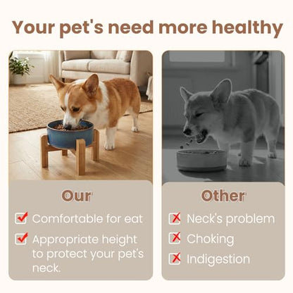hjn Elevated Ceramic Dog Bowl with Bamboo Stand, Raised Pet Feeding Station for Small Medium Dogs Cats, Modern Design with Anti-Slip Base (Deep Blue, 3.6Cup) - color: Deep Blue, size: 3.6Cup