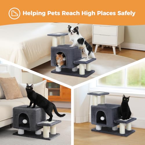 3-in-1 Dog Stairs & Cat Scratching Post with Condo, Pet Steps for High Bed, Sofa, Couch, Tall Cat Tower, High-Strength Board for Indoor Small Cats Kittens Dogs Climbing Playing, 3 Steps-Dark Grey - color: Dark Grey