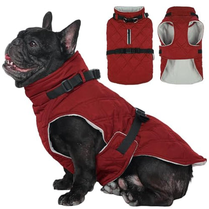 Kuoser Dog Coat Warm Fleece Lining Turtleneck Dog Jacket with Harness Built-in, Adjustable Windproof Cold Weather Coats with Quick Release Buckle Pet Winter Snowsuit for Extra Small Dogs, Red XS - color: Red, size: X-small (Chest Girth: 13.7")