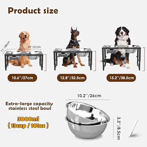 SHAINFUN Elevated Dog Bowls for Large Dogs, 3 Height Adjustable，Raised Tall Dog Food Water Bowl Stand with Two 101oz Bowls - color: Black-101oz