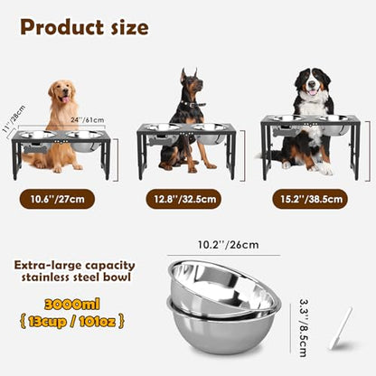 SHAINFUN Elevated Dog Bowls for Large Dogs, 3 Height Adjustable，Raised Tall Dog Food Water Bowl Stand with Two 101oz Bowls - color: Black-101oz