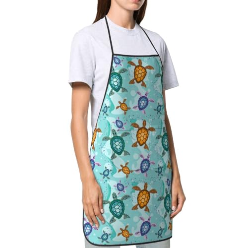 Women Men Bib Aprons Chef Cooking Apron With Pockets For Kitchen Grilling Bbq Painting Gardening - color: Sea Turtle