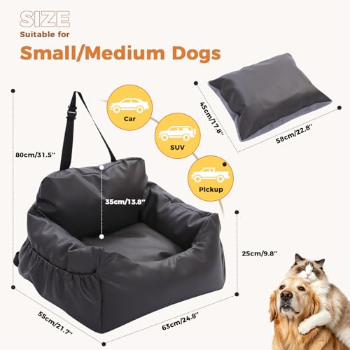 PAWZ Road Dog Car Seat, Pet Car Bed for Travel&Home, Waterproof Leather Dog Booster Seat with Safety Belts & Storage Pocket, Grey - size: Large