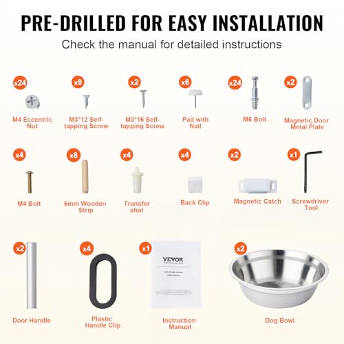 VEVOR Elevated Pet Bowls with Storage Cabinet, Feeding Station with 2 Raised Bowls, Wooden Stand with Handles & Magnetic Doors, Pet Feeder & Toy Organizer, White - size: 23.62x11.81x17.32 inch