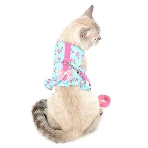 Zunea No Pull Small Dog Girl Harness Dress Escape Proof Cat Kitten Vest Harness Leash Set Step-in Soft Cotton Padded Cherry Printed Jacket Chihuahua Puppy Clothes with Bow for Walking Blue XS - color: blue cherry, size: XS (Chest:12.2-13.7", Neck:8.2-9.4"