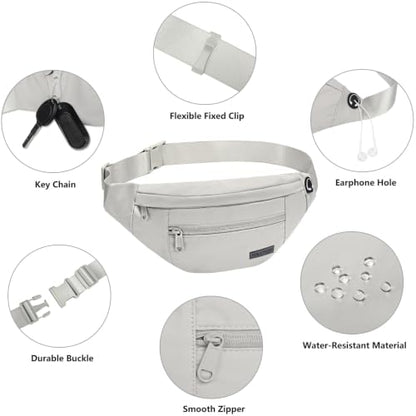 MAXTOP Large Crossbody Fanny Pack with 4-Zipper Pockets,Gifts for Enjoy Sports Festival Workout Traveling Running Casual Hands-Free Wallets Waist Pack Phone Bag Carrying All Phones - color: Cloud Grey(Washed Nylon with Silver Metal Zipper), style: Large F