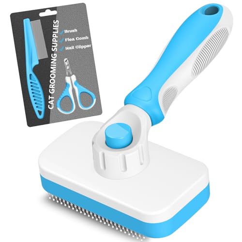 3PCS Cat Grooming Supplies, Cat Brush & Nail Clipper/Trimmer & Flea Comb for Shedding Indoor Cats Essentials Stuff Accessories (Blue) - color: Blue