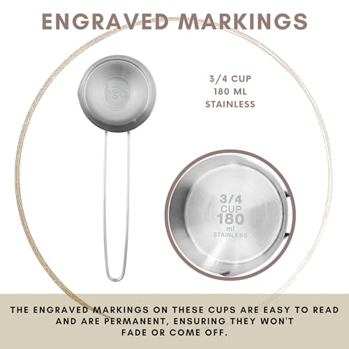 3/4 Cup Stainless Steel Measuring Cup, Long 6" Wire Loop Handle and Pour Spout | Sturdy Metal 177 ml | 177 cc | 6 oz | Single Cup for Wet and Dry Ingredients | Great for use as 3/4 Cup Dog Food Scoop - size: 3/4 Cup Long Handle