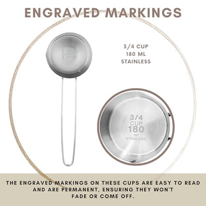 3/4 Cup Stainless Steel Measuring Cup, Long 6" Wire Loop Handle and Pour Spout | Sturdy Metal 177 ml | 177 cc | 6 oz | Single Cup for Wet and Dry Ingredients | Great for use as 3/4 Cup Dog Food Scoop - size: 3/4 Cup Long Handle
